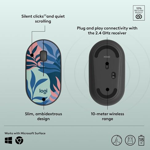 ماوس لاسلكي لوجيتك M340 مع مطبوعات إصدار محدود، مستقبل USB ونقرات صامتة، ماوس لاسلكي محمول لأجهزة الكمبيوتر المحمول والكمبيوتر الشخصي والنوافذ والكروم والسطح - شروق الشمس الاستوائي (متجدد) in Kuwait