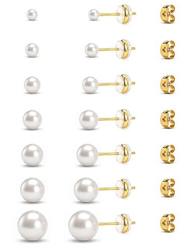Gold Pearl Stud Earrings Set for Women, 7 Pairs (3–10mm), Hypoallergenic with Soft Silicone Comfort Backs, No Hair Pulling, Includes Extra Metal Backs, Classic Minimalist Jewelry in Saudi Arabia