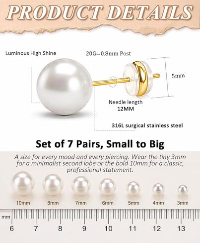 Gold Pearl Stud Earrings Set for Women, 7 Pairs (3–10mm), Hypoallergenic with Soft Silicone Comfort Backs, No Hair Pulling, Includes Extra Metal Backs, Classic Minimalist Jewelry in Saudi Arabia