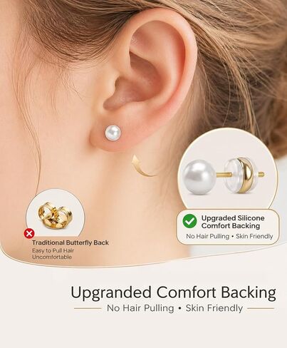 Gold Pearl Stud Earrings Set for Women, 7 Pairs (3–10mm), Hypoallergenic with Soft Silicone Comfort Backs, No Hair Pulling, Includes Extra Metal Backs, Classic Minimalist Jewelry in Saudi Arabia