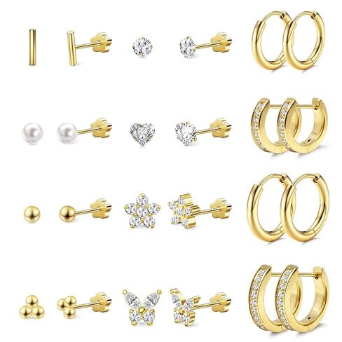 Gold Pearl Stud Earrings Set for Women, 7 Pairs (3–10mm), Hypoallergenic with Soft Silicone Comfort Backs, No Hair Pulling, Includes Extra Metal Backs, Classic Minimalist Jewelry in Saudi Arabia