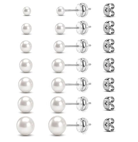 Gold Pearl Stud Earrings Set for Women, 7 Pairs (3–10mm), Hypoallergenic with Soft Silicone Comfort Backs, No Hair Pulling, Includes Extra Metal Backs, Classic Minimalist Jewelry in Saudi Arabia