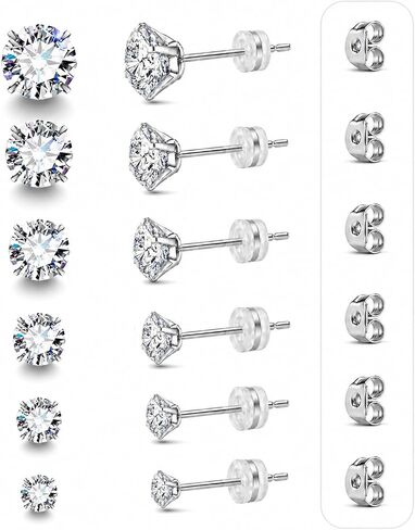 6 Pairs CZ Stud Earrings Set, Hypoallergenic Surgical Steel Earrings for Sensitive Ears, 3-8MM Cubic Zirconia Studs with Soft Silicone Backs, Comfortable for Ear Stack Daily Wear & Sleeping, Gift for Women in Saudi Arabia