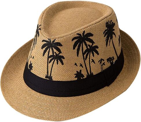 قبعة Queenbox Palm Tree Jazz Hat Straw Fedora واسعة الحواف بنما للرجال والنساء، بني in Kuwait