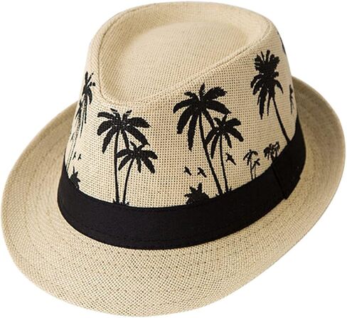 قبعة Queenbox Palm Tree Jazz Hat Straw Fedora واسعة الحواف بنما للرجال والنساء، بني in Kuwait