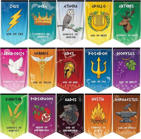 15Pcs Greek Gods Banners, Greek Mythology Cabin Flag, Olympian Gods Cabin Banner, Greek Mythology Party Decorations for Percy Jackson Party, Camp Half Blood Birthday Decorations, Polyester, 7.6"x13" in Kuwait