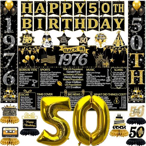 Black and Gold Birthday Decorations Kit for Men and Women, Happy Birthday Banner, Backdrop, Porch Sign, 6 Pcs Honeycomb Centerpieces, 6Pcs Hanging Swirls, Party Supplies (Black Gold For All Ages) in Saudi Arabia