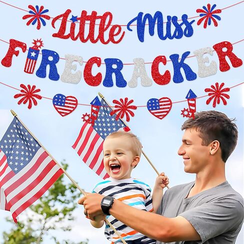 Little Miss Firecracker Banner Independence Day Baby Shower Party Decoration Happy 4th of July Banner Glitter Americana Patriotic Theme Decor Red White Blue Gender reveal Party Supplies in Saudi Arabia
