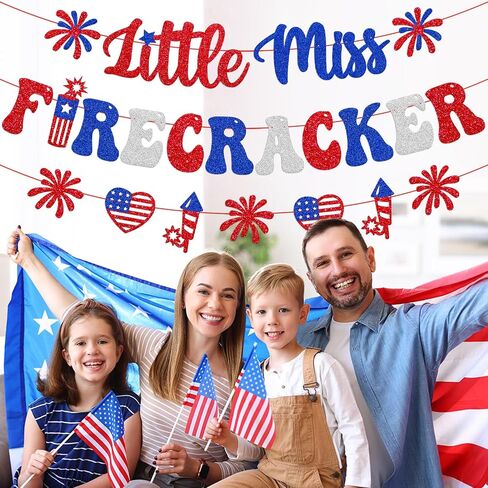 Little Miss Firecracker Banner Independence Day Baby Shower Party Decoration Happy 4th of July Banner Glitter Americana Patriotic Theme Decor Red White Blue Gender reveal Party Supplies in Saudi Arabia