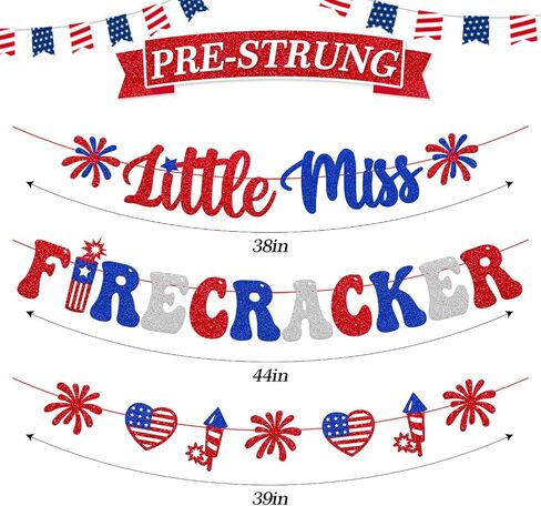 Little Miss Firecracker Banner Independence Day Baby Shower Party Decoration Happy 4th of July Banner Glitter Americana Patriotic Theme Decor Red White Blue Gender reveal Party Supplies in Saudi Arabia