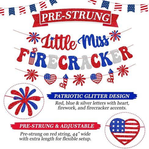 Little Miss Firecracker Banner Independence Day Baby Shower Party Decoration Happy 4th of July Banner Glitter Americana Patriotic Theme Decor Red White Blue Gender reveal Party Supplies in Saudi Arabia