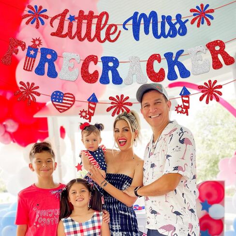 Little Miss Firecracker Banner Independence Day Baby Shower Party Decoration Happy 4th of July Banner Glitter Americana Patriotic Theme Decor Red White Blue Gender reveal Party Supplies in Saudi Arabia