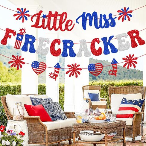 Little Miss Firecracker Banner Independence Day Baby Shower Party Decoration Happy 4th of July Banner Glitter Americana Patriotic Theme Decor Red White Blue Gender reveal Party Supplies in Saudi Arabia