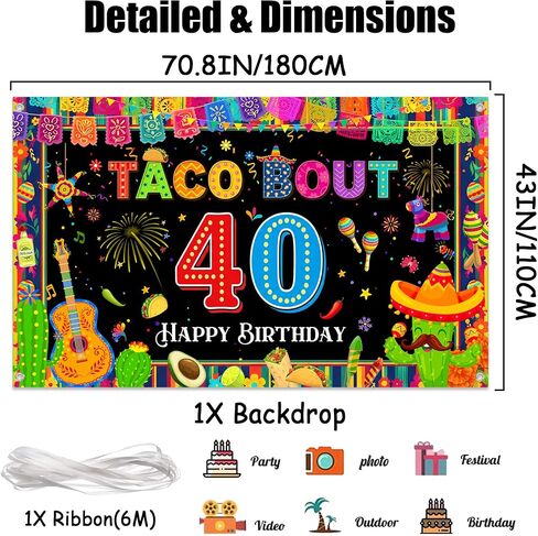 Mexican Fiesta 40th Birthday Backdrop - Taco Party Decorations Mexican Banners Photography Background Polyester, Happy 40th Birthday Banner for Men Women Forty Birthday Photo Booth Props in Saudi Arabia