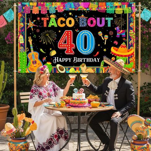 Mexican Fiesta 40th Birthday Backdrop - Taco Party Decorations Mexican Banners Photography Background Polyester, Happy 40th Birthday Banner for Men Women Forty Birthday Photo Booth Props in Saudi Arabia