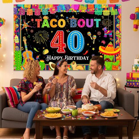 Mexican Fiesta 40th Birthday Backdrop - Taco Party Decorations Mexican Banners Photography Background Polyester, Happy 40th Birthday Banner for Men Women Forty Birthday Photo Booth Props in Saudi Arabia