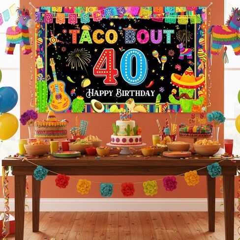 Mexican Fiesta 40th Birthday Backdrop - Taco Party Decorations Mexican Banners Photography Background Polyester, Happy 40th Birthday Banner for Men Women Forty Birthday Photo Booth Props in Saudi Arabia