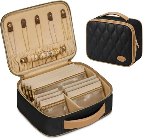 Mancro Travel Jewelry Case Organizer for Women, 10 Sorted Clear Pouches with Tangle-Free Necklace Hooks and Ring Holder Strap, Quilted PU Leather Jewelry Storage Box, Birthday Bridesmaid Gifts in Saudi Arabia
