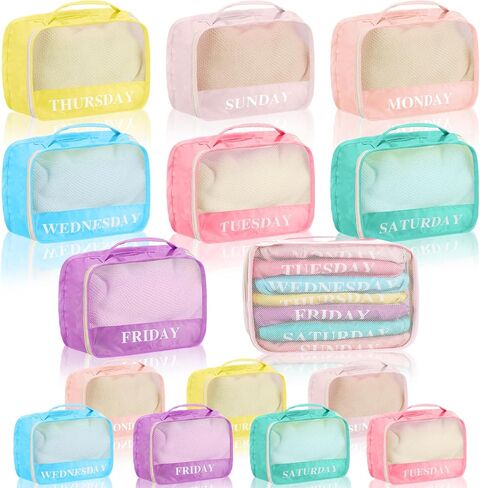 15 Pack Days of The Week Packing Cubes, Colorful Macaron Packing Cubes for Travel, Kids Weekly Clothing Organizer Luggage Storage Bags for Summer Camp Family Vacation in Saudi Arabia