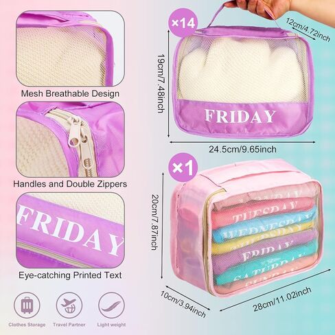 15 Pack Days of The Week Packing Cubes, Colorful Macaron Packing Cubes for Travel, Kids Weekly Clothing Organizer Luggage Storage Bags for Summer Camp Family Vacation in Saudi Arabia