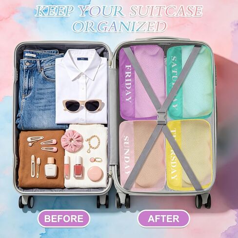 15 Pack Days of The Week Packing Cubes, Colorful Macaron Packing Cubes for Travel, Kids Weekly Clothing Organizer Luggage Storage Bags for Summer Camp Family Vacation in Saudi Arabia