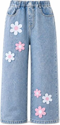 Girls Flower Embroidered Wide Leg Jeans Elastic Waist Straight Denim Pants in Saudi Arabia