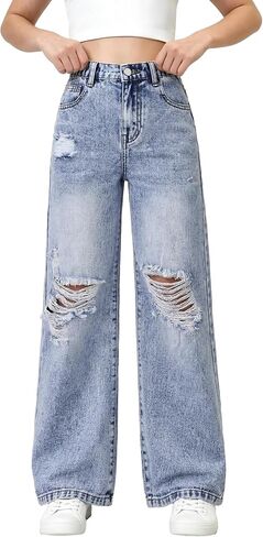 Girls Baggy Ripped Jeans Elastic High Waist Wide Leg Blue Denim Pants Cute Y2K Trendy Distressed Streetwear 7-14Y in Saudi Arabia