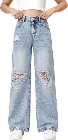 Girls Baggy Ripped Jeans Elastic High Waist Wide Leg Blue Denim Pants Cute Y2K Trendy Distressed Streetwear 7-14Y in Saudi Arabia