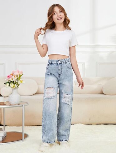 Girls Baggy Ripped Jeans Elastic High Waist Wide Leg Blue Denim Pants Cute Y2K Trendy Distressed Streetwear 7-14Y in Saudi Arabia