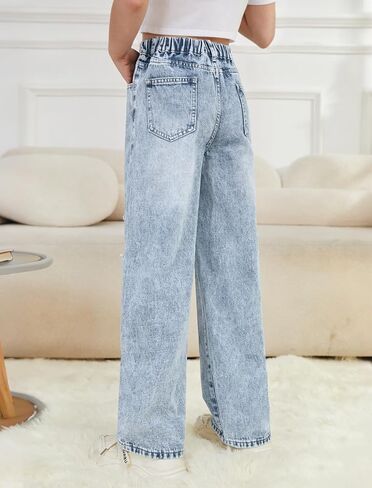 Girls Baggy Ripped Jeans Elastic High Waist Wide Leg Blue Denim Pants Cute Y2K Trendy Distressed Streetwear 7-14Y in Saudi Arabia