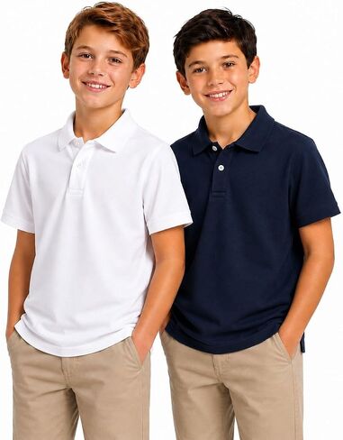 Boys Polo Shirts 2 Pack, Short Sleeve School Uniform Shirts for Kids, Cotton Blend Collared Tops for Boys 5-14 Years in Kuwait