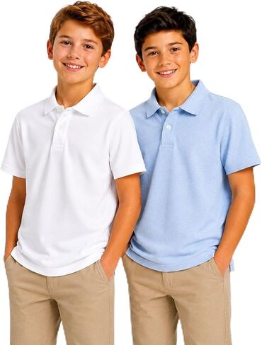 Boys Polo Shirts 2 Pack, Short Sleeve School Uniform Shirts for Kids, Cotton Blend Collared Tops for Boys 5-14 Years in Kuwait