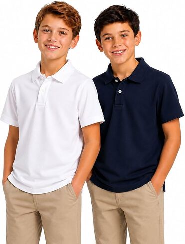 Boys Polo Shirts 2 Pack, Short Sleeve School Uniform Shirts for Kids, Cotton Blend Collared Tops for Boys 5-14 Years in Kuwait