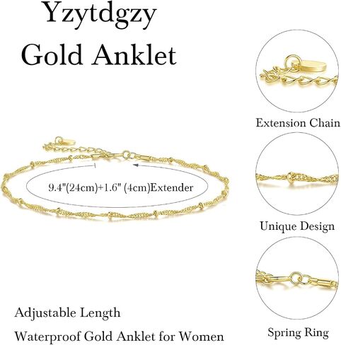 14K Gold Anklets for Women Gold Ankle Bracelets for Women Beaded Anklet for Womens Ankle Bracelet Water Wave-Inspired Design with Beads Twisted Anklets for Womens 9.4'' to 11'' in Saudi Arabia