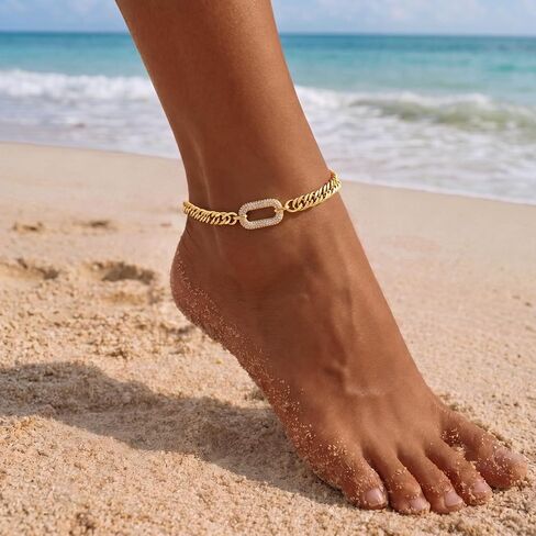 Moodear Gold Ankle Bracelets for Women Waterproof - Trendy 14K Gold Silver Plated Anklets Chunky Cuban Link Anklet Bracelet for Women Non Tarnish Summer Beach Jewelry Gifts in Saudi Arabia