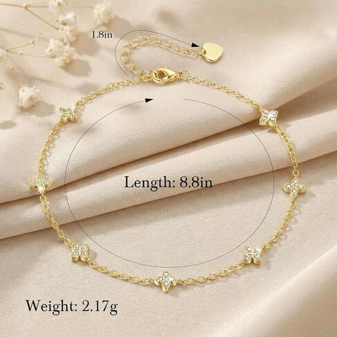 Gold Anklets for Women 14K Gold Ankle Bracelets for Women Flower Anklet for Womens Delicate Flower-like Motifs with Cubic Zirconia Four-Leaf Clover Anklet for Womens in Saudi Arabia
