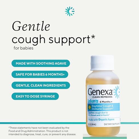 Genexa Baby Cough & Immune Support | 6 Months+ | Made Clean with Organic Agave & Zinc | Cough Syrup for Babies & Toddlers | Soothes Infant Cough & Supports Immune Health | 2 Fl Oz in Kuwait