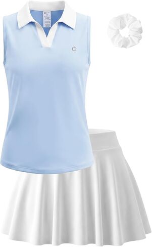 PATPAT Girls Tennis Skirt Sets Quick Dry Sleeveless Polo Top and Flowy Skort Workout Athletic 2 Piece Outfits with Hair Ties in Kuwait