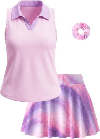 PATPAT Girls Tennis Skirt Sets Quick Dry Sleeveless Polo Top and Flowy Skort Workout Athletic 2 Piece Outfits with Hair Ties in Saudi Arabia