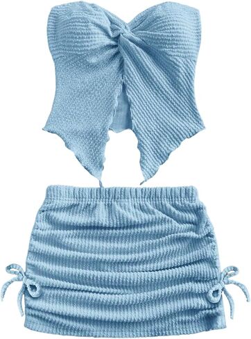 SHENHE Girl's 2 Piece Summer Outfits Twist Front Split Tube Top and Ruched Bodycon Skirt Set in Kuwait