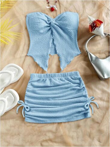 SHENHE Girl's 2 Piece Summer Outfits Twist Front Split Tube Top and Ruched Bodycon Skirt Set in Kuwait