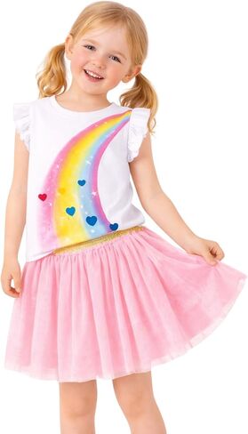 HILEELANG Girls Skirt Set 2 Piece Outfit Cotton Tee Tulle Skirt Set | Soft Cotton Tee, Applique Detail, Layered Tulle Skirt with Lining, Lightweight Comfort for Toddler Little Girls in Kuwait