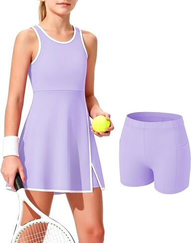 Girls Tennis Dress 2 Piece Golf Outfit Side Slit Workout Athletic Dress with Pocket Shorts 4-13 Years in Kuwait