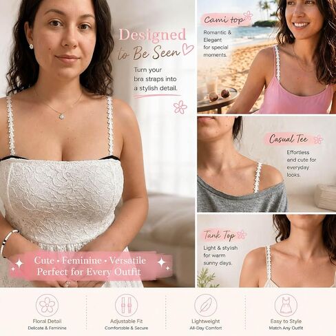 Moly Story White Floral Bra Straps, Decorative Spaghetti Bra Strap Replacement, Adjustable Shoulder Straps for Bras, Dresses in Saudi Arabia