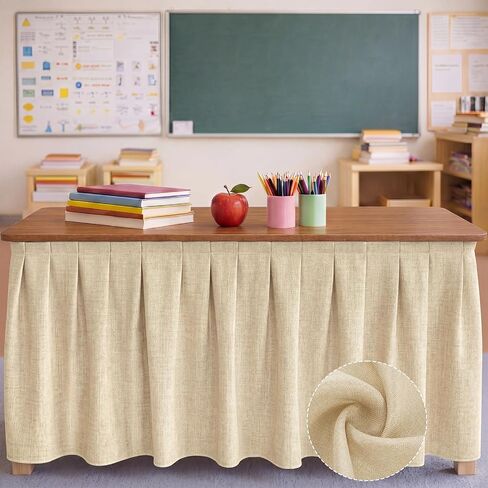 Tingjoo 6 ft x 30'' Linen Textured Table Skirts for Rectangular/Round Table Beige Teacher Desk Skirts Pleated Office Desk Decor Back to School Supplies for Classroom School Dining Wedding in Kuwait