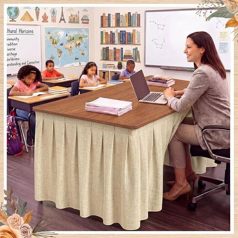 Tingjoo 6 ft x 30'' Linen Textured Table Skirts for Rectangular/Round Table Beige Teacher Desk Skirts Pleated Office Desk Decor Back to School Supplies for Classroom School Dining Wedding in Kuwait