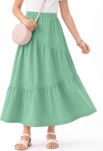 Halfchet Girls' Maxi Tiered Skirts with Pockets 5-16 Years Long Casual Flowy Swing Elastic Waist Pleated Ruffle Summer Skirts in Kuwait