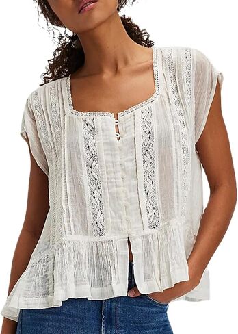 Women Semi Sheer Button Down Blouse Square Neck Lace Ruffle Trim Cap Sleeve Shirt Casual Flowy Going Out Crop Top in Saudi Arabia