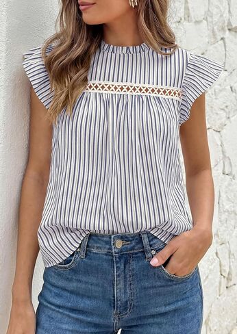 PRETTYGARDEN قميص مخطط للسيدات قطع علوية صيفية 2026 ربيعية للعمل غير رسمي أنيق من الكروشيه الدانتيل كشكش كم كاب بلوزة in Kuwait