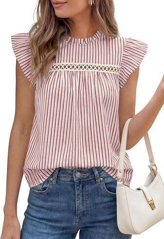 PRETTYGARDEN قميص مخطط للسيدات قطع علوية صيفية 2026 ربيعية للعمل غير رسمي أنيق من الكروشيه الدانتيل كشكش كم كاب بلوزة in Kuwait